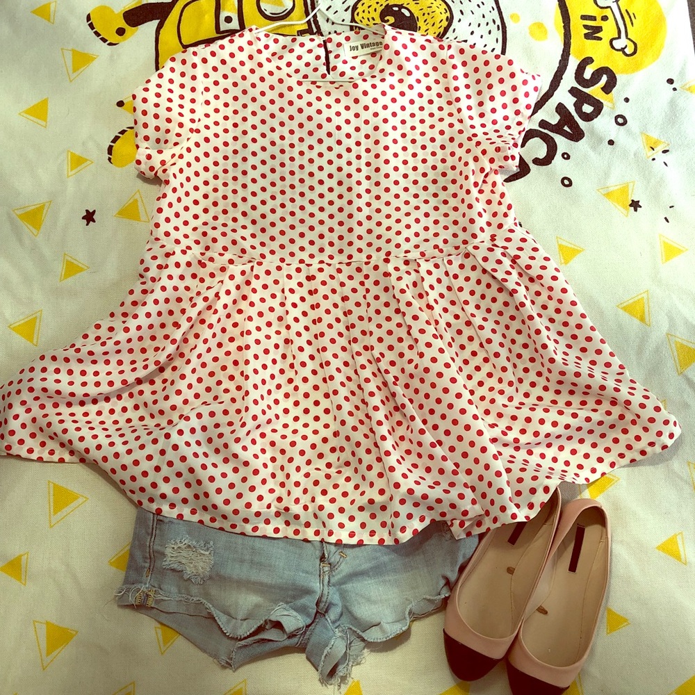 Red Polka Dot White Top Size S/M